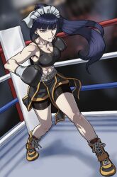  black_hair blunt_bangs boxing boxing_gloves boxing_ring gladiator_shorts grey_eyes highres looking_at_viewer maid maid_headdress narberal_gamma overlord_(maruyama) rggr sports_bra  rating:General score:9 user:Meklord_Emperor_Wisel