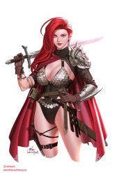  1girl armor artist_name bikini_armor blue_eyes breasts brown_gloves cape cleavage earrings gloves hand_on_own_hip highres holding holding_sword holding_weapon in-hyuk_lee instagram_logo instagram_username jewelry large_breasts long_hair looking_at_viewer over_shoulder pauldrons red_cape red_hair red_sonja red_sonja_(comics) shoulder_armor signature simple_background single_pauldron solo sword watermark weapon weapon_over_shoulder web_address white_background 