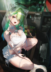  1girl :d absurdres ass_mousepad at_computer blue_hair blurry blurry_background braid braided_bangs branch breasts bridal_veil bride camisole ceres_fauna chair choker computer controller crop_top crop_top_overhang detached_sleeves flower frilled_camisole frilled_choker frilled_skirt frills from_side game_controller gaming_chair gem gradient_hair green_gemstone green_hair green_nails hair_flower hair_ornament head_tilt headphones highres holding holding_controller holding_game_controller hololive hololive_english indian_style indoors keyboard_(computer) large_breasts layered_skirt long_hair looking_at_viewer midorimae miniskirt mole mole_under_eye monitor mouse_(computer) mousepad multicolored_hair navel nintendo_switch open_mouth orange_eyes pincher playing_games see-through sitting skindentation skirt smile solo spread_legs stomach swivel_chair thigh_strap thighs tongue tree_horns veil virtual_youtuber water white_camisole white_choker xbox_controller yellow_eyes 