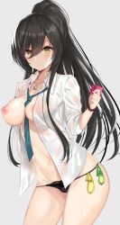 1girl between_breasts black_hair black_panties blush breasts closed_mouth collarbone collared_shirt condom condom_belt condom_in_clothes condom_wrapper cowboy_shot dog_tags dress_shirt ero_waifu floral_print green_necktie grey_background groin hair_between_eyes high_ponytail holding holding_condom idolmaster idolmaster_shiny_colors lace lace-trimmed_panties lace_trim large_breasts long_hair long_sleeves looking_at_viewer loose_necktie navel necktie necktie_between_breasts nipples no_bra open_clothes open_shirt panties ponytail print_panties see-through shirase_sakuya shirt sidelocks sleeves_rolled_up smile solo standing stomach sweat swept_bangs underwear used_condom white_shirt wing_collar wristband yellow_eyes rating:Questionable score:26 user:danbooru