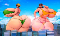 2girls absurdres ass bikini breasts butt_crack city cleavage covered_erect_nipples curvy earrings female_focus giant giantess gigantic_breasts hand_on_own_hip highres huge_ass jewelry kujikawa_rise long_hair multiple_girls navel persona persona_4 satonaka_chie shadow_(persona) short_hair someshittysketches swimsuit thick_thighs thighs underboob wide_hips yellow_eyes