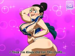  1girl absurdres ass black_eyes black_hair blush breasts chi-chi_(dragon_ball) cleavage dittochad dragon_ball dragonball_z embarrassed english_text from_side hair_bun highres large_breasts looking_at_viewer open_mouth solo  rating:Questionable score:27 user:Dogenzaka