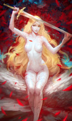 1girl arms_up bad_id bad_pixiv_id blonde_hair breasts crossed_ankles groin holding holding_sword holding_weapon kilart legs_together long_hair no_nipples nude original petals sitting smile solo sword tattoo very_long_hair weapon yellow_eyes rating:Questionable score:59 user:danbooru