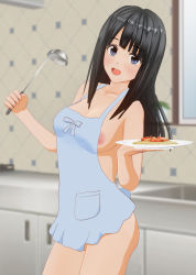  1girl 3d apron black_hair blue_apron blue_eyes blush breasts classmate_daisuki cleavage collarbone food highres holding kitchen ladle large_breasts long_hair looking_at_viewer naked_apron nipples open_mouth pasta plate smile spaghetti standing teeth wall window 