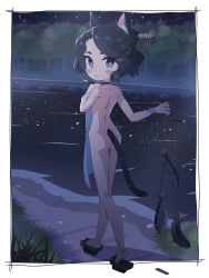 1girl :&lt; absurdres animal animal_ear_fluff animal_ears ass bandages bandaged_wrist bandages black_hair blue_eyes blush blush_stickers border bright_pupils cat_ears cat_tail chibi closed_mouth covering_privates fish forest from_behind geta hair_ornament hair_stick highres holding holding_animal holding_fish kunai long_hair looking_at_viewer looking_back mao_lian_(nekokao) nature nude nude_cover original river solo standing tail tree walking weapon white_border white_pupils rating:Questionable score:17 user:danbooru