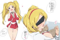  1girl blindfold blonde_hair blush breasts emily_stewart from_above full-face_blush hairband heart idolmaster idolmaster_million_live! japanese_clothes kunoichi long_hair medium_breasts nipple_stimulation nipple_tweak open_mouth panties simple_background translation_request twintails umanosuke underwear white_background white_panties 