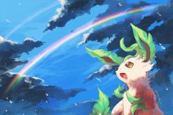  :d artist_name cloud commentary creatures_(company) double_rainbow game_freak gen_4_pokemon kira_(kira_dra) leafeon looking_up nintendo no_humans open_mouth pokemon pokemon_(creature) rainbow sky sky_focus smile water_drop yellow_eyes 
