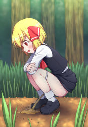  1girl ant blonde_hair bug fang gunshou highres insect loli outdoors panties panty_pull peeing puddle red_eyes rumia school_uniform solo squatting touhou underwear 