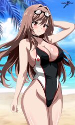  1girl beach black_one-piece_swimsuit blush breasts closed_mouth covered_navel day goddess_of_victory:_nikke goggles goggles_on_head indexryo large_breasts looking_at_viewer ocean one-piece_swimsuit outdoors rapi_(classic_vacation)_(nikke) rapi_(nikke) sand smile solo swimsuit two-tone_swimsuit water white_one-piece_swimsuit 