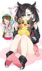  2girls :d :o ^_^ ankle_boots aqua_eyes asymmetrical_bangs backpack bag bare_legs black_footwear black_jacket blush boots brown_hair closed_eyes coat commentary_request creature creature_on_shoulder creatures_(company) dress ear_wiggle earrings fang full_body game_freak gen_8_pokemon gloria_(pokemon) green_headwear grey_coat hair_ribbon hair_wagging hat high_heel_boots high_heels highres jacket jewelry knees_up long_hair long_sleeves marnie_(pokemon) morpeko morpeko_(full) motion_lines multiple_girls nintendo on_shoulder open_clothes open_jacket open_mouth pink_dress playing pokemon pokemon_(creature) pokemon_swsh polka_dot red_ribbon ribbon short_dress short_hair sino_(sionori) sitting smile sobble sparkle tam_o&#039;_shanter translation_request twintails white_background 