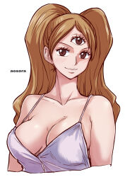  1girl aosora2823 armpit_crease artist_name breasts brown_eyes brown_hair charlotte_pudding cleavage highres large_breasts long_hair one_piece parted_bangs simple_background smile solo third_eye twintails upper_body white_background  rating:Sensitive score:31 user:danbooru