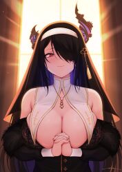  1girl alternate_costume asymmetrical_horns black_bra black_hair black_veil blue_hair bra breasts closed_mouth colored_inner_hair demon_horns habit hair_over_one_eye highres hololive hololive_english horns interlocked_fingers jewelry large_breasts looking_at_viewer multicolored_hair necklace nerissa_ravencroft nun solo tassel two-tone_hair underwear uneven_horns unsfrau upper_body veil virtual_youtuber  rating:Sensitive score:10 user:danbooru