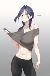  1girl abs absurdres alternate_breast_size blue_hair breasts clothes_pull collarbone colored_inner_hair english_text grey_background hair_intakes highres hololive hololive_english large_breasts multicolored_hair muscular muscular_female navel ouro_kronii shirt_pull simple_background solo virtual_youtuber zenya 