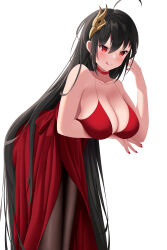  1girl absurdres ahoge arm_under_breasts azur_lane bare_shoulders black_hair blush breasts brown_pantyhose choker cleavage cocktail_dress collarbone commentary dress evening_gown feet_out_of_frame hair_between_eyes highres large_breasts leaning_forward long_hair mask mask_on_head nail_polish official_alternate_costume pantyhose red_choker red_dress red_eyes red_nails simple_background sleeveless sleeveless_dress solo taihou_(azur_lane) taihou_(forbidden_feast)_(azur_lane) tongue tongue_out very_long_hair white_background yami_(darknight449)  rating:Sensitive score:7 user:danbooru