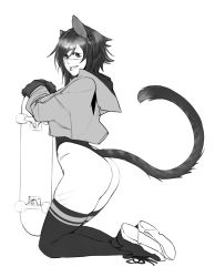  1girl animal_ears animal_hands ass ass_focus cat_ears cat_girl cat_tail cheshire_cat_(monster_girl_encyclopedia) commentary cropped_hoodie ear_piercing english_commentary eyes_visible_through_hair full_body greyscale heart heart-shaped_pupils highleg highleg_leotard highres hood hood_down hoodie kneeling laska_(less) leotard less lip_piercing missing_ear monochrome monster_girl_encyclopedia original piercing scar scar_on_face scar_on_nose shoes short_hair skateboard smile solo symbol-shaped_pupils tail teeth thighhighs white_background  rating:Sensitive score:45 user:danbooru