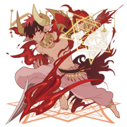  1boy character_name demon_horns fire full_body gold_necklace hair_between_eyes hexagram horns jewelry kagami_taiga kuroko_no_basuke male_focus necklace pants pointy_ears polearm red_eyes red_hair sharp_toenails short_hair simple_background solo spear star_of_david teeth toenails topless_male waco_(misonobu) weapon white_background white_pants 