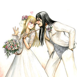  1boy 1girl black_hair blonde_hair blush bouquet calligraphy_brush_(medium) collar commentary_request dress eye_contact fate/grand_order fate_(series) flower formal frank_leung grey_vest hair_flower hair_ornament hand_in_pocket hand_on_wall heart jacket jewelry leash leash_pull long_hair looking_at_another lord_el-melloi_ii lord_el-melloi_ii_case_files millipen_(medium) painting_(medium) pants pink_flower pink_rose red_eyes reines_el-melloi_archisorte ring rose scowl simple_background smirk suit traditional_media tuxedo vest watercolor_(medium) waver_velvet wedding_band wedding_dress white_background white_flower white_jacket white_pants white_rose white_suit  rating:Sensitive score:7 user:danbooru