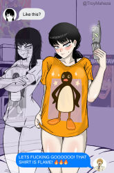  2girls absurdres alternate_breast_size black_hair blush breasts cellphone chainsaw_man collarbone commentary cross_scar crossed_arms denji_(chainsaw_man) english_commentary facial_scar flip_phone grey_eyes here&#039;s_johnny!_(meme) highres holding holding_phone large_breasts meme messy_hair mitaka_asa multiple_girls orange_shirt panties phone pingu pingu_(series) poster_(object) pout ringed_eyes scar scar_on_cheek scar_on_face scar_on_nose selfie shiny_skin shirt star_(symbol) sweat tears television the_shining troymaheza twitter_username underwear v-shaped_eyebrows yoru_(chainsaw_man) 