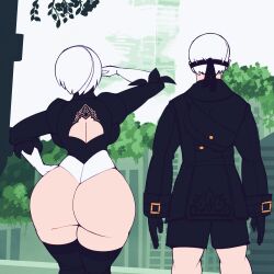  1boy 1girl animated animated_gif ass ass_shake back_cutout backboob black_blindfold blindfold blush breasts cdlum clothing_cutout curvy elbow_gloves feather-trimmed_sleeves from_behind gloves hand_on_own_hip highres huge_ass juliet_sleeves large_breasts leotard long_sleeves nier:automata nier_(series) outdoors puffy_sleeves short_hair shorts thick_thighs thighhighs thighs white_hair wide_hips 2b_(nier:automata) 9s_(nier:automata)  rating:Questionable score:109 user:JustHere4Butts