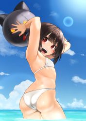  1girl :d alternate_costume armpits arms_up ass ball beachball bikini black_hair blush breasts character_print chomusuke commentary_request contemporary day highres holding holding_ball izawa_(bhive003) kono_subarashii_sekai_ni_shukufuku_wo! looking_at_viewer looking_back megumin ocean open_mouth outdoors red_eyes short_hair skindentation sky small_breasts smile solo swimsuit teeth upper_teeth_only wading water white_bikini  rating:Sensitive score:76 user:danbooru
