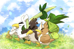  animal_focus bird blue_sky brown_eyes closed_mouth cloud creatures_(company) duck farfetch&#039;d food galarian_farfetch&#039;d game_freak gen_1_pokemon gen_8_pokemon grass holding holding_food holding_vegetable nintendo no_humans open_mouth outdoors over_shoulder pokemon pokemon_(creature) sack shuri_(syurigame) sirfetch&#039;d sky spring_onion thick_eyebrows v-shaped_eyebrows vegetable 