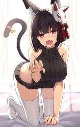 1girl all_fours alternate_costume animal_ears arm_support azur_lane backless_outfit bad_id bad_twitter_id bare_arms bare_shoulders bed_sheet bell black_hair black_sweater blunt_bangs blush breasts cat_ears cat_tail claw_pose colored_eyelashes curtains dress fang full_body hanging_breasts jingle_bell kanikou large_breasts looking_at_viewer mask mask_on_head meme_attire no_shoes red_eyes short_hair sleeveless sleeveless_turtleneck solo sweater sweater_dress tail tail_bell tail_ornament thighhighs turtleneck turtleneck_sweater virgin_killer_sweater white_thighhighs yamashiro_(azur_lane) rating:Sensitive score:34 user:danbooru