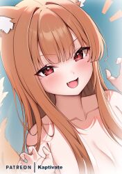  1girl :d absurdres animal_ear_fluff animal_ears artist_name bare_shoulders blue_background blunt_bangs blush breasts brown_hair claw_pose cleavage close-up collarbone commentary english_commentary eyelashes eyes_visible_through_hair fang fingernails hair_intakes hair_over_shoulder highres holo kaptivate large_breasts long_hair looking_at_viewer notice_lines open_mouth red_eyes sidelocks simple_background smile smug solo spice_and_wolf straight_hair teeth tsurime v-shaped_eyebrows wolf_ears wolf_girl 
