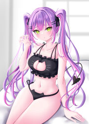  1girl absurdres animal_cutout black_bra black_panties blush bra breasts cat_cutout cat_ear_panties cat_lingerie cleavage cleavage_cutout clothing_cutout cocoa2080 commentary demon_tail frilled_bra frills gradient_hair green_eyes hair_ornament hairclip highres hololive long_hair looking_at_viewer meme_attire multicolored_hair navel on_bed open_mouth panties pink_hair purple_hair side-tie_panties solo streaked_hair tail tokoyami_towa twintails underwear underwear_only virtual_youtuber 