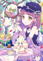 1girl absurdres alcremie bare_shoulders closed_mouth coat creatures_(company) cup dress eyelashes food game_freak gen_1_pokemon gen_8_pokemon hair_ornament hairclip haru_(haruxxe) highres holding holding_cup lacey_(pokemon) long_sleeves looking_at_viewer milcery nintendo open_clothes open_mouth pikachu pink_hair pokemon pokemon_(creature) pokemon_sv smile teacup yellow_eyes