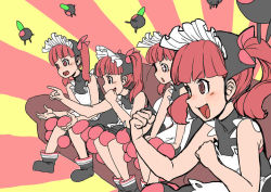  +_+ 4girls apron bare_shoulders black_dress blunt_bangs blush bonnet clenched_hand clenched_hands commentary_request couch dress gaijin_4koma_(meme) hair_ribbon higa_norio jpeg_artifacts kemurikusa kemurikusa_(object) looking_to_the_side macedonian_flag meme multicolored_background multiple_girls open_mouth pink_ribbon pointing red_background red_eyes red_hair ribbon rina_(kemurikusa) simple_background sitting sleeveless sleeveless_dress sunburst twintails v-shaped_eyebrows yellow_background 