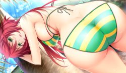 1girl :d against_tree ahoge ass atelier_kaguya back baku_ane_~otouto_shibocchau_zo!~ bent_over bikini blush breasts choco_chip cloud covered_erect_nipples cowboy_shot day dimples_of_venus dutch_angle from_behind game_cg green_bikini green_eyes hair_between_eyes hanging_breasts hayasaki_yurine huge_ass huge_breasts light_rays long_hair looking_at_viewer looking_back mole mole_under_eye naughty_face open_mouth outdoors palm_tree red_hair sideboob skindentation sky smile solo standing string_bikini striped_bikini striped_clothes sunbeam sunlight sweat swimsuit tree wide_hips yellow_bikini rating:Questionable score:241 user:danbooru