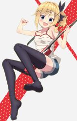  1girl absurdres black_thighhighs blonde_hair blue_eyes camisole cereal_(cerealoekaki) denim denim_shorts electric_guitar fang guitar hair_ornament hair_ribbon highres instrument jumping music no_shoes nukui_hayu ochikobore_fruit_tart open_mouth playing_instrument plectrum ribbon short_shorts shorts side_ponytail solo thick_eyebrows thighhighs x_hair_ornament 