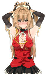 10s 1girl adjusting_hair amagi_brilliant_park antenna_hair armpits blush breasts brown_eyes brown_hair center_opening cleavage cleavage_cutout clothing_cutout covered_erect_nipples elbow_gloves gloves ishii_takamori large_breasts long_hair open_clothes open_shirt ponytail sento_isuzu shirt simple_background skirt sleeveless smell solo sweat white_background rating:Questionable score:61 user:danbooru