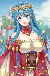  1girl :d bare_shoulders blue_eyes blue_hair blue_sky commentary_request day dress eirika_(fire_emblem) fire_emblem fire_emblem:_the_sacred_stones fire_emblem_heroes head_wreath highres long_hair long_sleeves looking_at_viewer maji_(majibomber) nintendo off-shoulder_dress off_shoulder official_alternate_costume open_mouth petals red_dress sky smile solo upper_body very_long_hair 