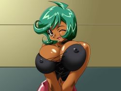  1girl apple_pie_(company) breast_suppress breasts brown_eyes choker cleavage dark_skin covered_erect_nipples green_hair huge_breasts one_eye_closed oni_coach short_hair tagme wink  rating:Questionable score:58 user:t3n