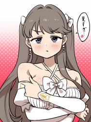  1girl bare_shoulders blush bow breasts brown_hair cleavage collarbone commentary_request dress earrings fujishima_megumi gradient_background highres jewelry koaraya large_breasts link!_like!_love_live! long_hair long_sleeves looking_at_viewer love_live! parted_lips puffy_long_sleeves puffy_sleeves purple_eyes solo speech_bubble translation_request upper_body v-shaped_eyebrows white_bow white_dress 