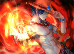  1boy abs belt bracelet brown_eyes elbow_pads fire hand_on_headwear hat jewelry knife magic male_focus necklace one_piece pixiv_id_4407132 portgas_d._ace topless_male smiley stampede_string 