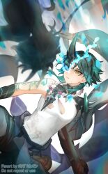  1boy aqua_hair arm_tattoo artist_name bead_necklace beads black_gloves commentary diamond-shaped_pupils diamond_(shape) dual_persona energy facial_mark floating_hair forehead_mark genshin_impact gloves green_gloves green_hair highres holding holding_polearm holding_weapon horned_mask jewelry looking_at_another male_focus mask multicolored_hair necklace okkobc one_eye_covered parted_bangs parted_lips polearm shirt short_hair shoulder_spikes sidelocks sleeveless sleeveless_shirt spikes sweatdrop symbol-only_commentary symbol-shaped_pupils tassel tattoo v-shaped_eyebrows watermark weapon white_shirt xiao_(genshin_impact) yellow_eyes 