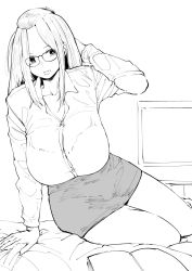 1girl arm_behind_head arm_support bangs_pinned_back bed bed_sheet bra_visible_through_clothes breasts collared_shirt commentary dress_shirt english_commentary facing_viewer folded_hair glasses greyscale hair_pulled_back highres huge_breasts indoors inne_sulistya_robin large_breasts legs_together looking_at_viewer miniskirt monochrome norman_maggot original paper pencil_skirt shirt sidelocks sitting skirt solo taut_clothes taut_shirt teacher television thighs white_shirt yokozuwari rating:Sensitive score:25 user:danbooru