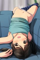  1girl absurdres bare_shoulders black_hair blue_camisole blurry blurry_background blush bow bow_panties brown_eyes camisole collarbone couch depth_of_field flat_chest highres indoors loli looking_at_viewer lying matsunaga_kouyou mons_pubis navel no_pants nose_blush on_back on_couch open_mouth original panties pubic_mound solo striped_clothes striped_thighhighs teeth thighhighs twintails underwear underwear_only upper_teeth_only upside-down white_panties  rating:Sensitive score:317 user:danbooru
