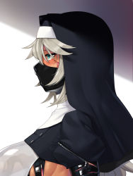 1girl aqua_eyes blush breasts dark-skinned_female dark_skin habit highres large_breasts mask mole mole_under_eye mouth_mask nun ohlia open_mouth original shiny_clothes silver_hair solo tentacle_clothes  rating:Questionable score:52 user:danbooru