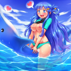  10s 1girl :d asari_nanami barefoot bestiality bikini bikini_bottom_aside bikini_bottom_only blue_eyes blue_hair blush breasts clothes_lift clothing_aside cowgirl_position cum cum_in_pussy dolphin feet fish_hair_ornament gradient_background hair_ornament hair_rings happy_sex heart idolmaster idolmaster_cinderella_girls impregnation interspecies long_hair matching_hair/eyes nipples open_mouth sex shirt_lift smile solo speech_bubble stir255 straddling sweat swimsuit swimsuit_aside vaginal water whistle  rating:Explicit score:193 user:danbooru
