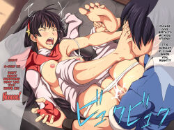  1boy 1girl asamiya_athena barefoot begging black_hair blush breasts censored closed_eyes crying crying_with_eyes_closed cum cum_in_pussy feet fingerless_gloves foot_focus foot_worship gloves grabbing_another&#039;s_arm grabbing_another&#039;s_leg hard-translated impregnation insemination just_deserts maku_(l-u) missionary panties penis pussy rape screaming sex sie_kensou soles sweat the_king_of_fighters third-party_edit toenails toes underwear 