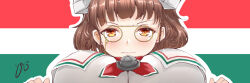  1girl breasts brown_hair closed_mouth eyewear_strap glasses huge_breasts impossible_clothes impossible_shirt italian_flag kantai_collection neckerchief orange_eyes pince-nez red_neckerchief roma_(kancolle) shirt short_hair solo tokiziku upper_body wavy_mouth white_shirt yellow-framed_eyewear 