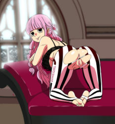  1girl absurdres bent_over bra couch feet female_focus full_body highres looking_at_viewer one_piece pantyhose perona pink_hair pussy solo stirrup_legwear therappy toeless_legwear underwear  rating:Explicit score:153 user:tights_man
