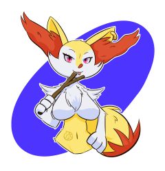  1girl absurdres animal_ear_fluff animal_ears animal_hands animal_nose artist_name blue_background body_fur braixen breasts closed_mouth creatures_(company) cropped_torso deva.png earrings female_focus fox_ears fox_girl fox_tail furry furry_female game_freak gen_6_pokemon half-closed_eyes hand_on_own_hip hand_up happy highres holding holding_stick jewelry large_breasts licking looking_at_viewer navel neck_fur nintendo no_nipples outline pink_eyes pokemon pokemon_(creature) saliva signature single_earring smile solo standing stick stomach tail tongue tongue_out two-tone_background two-tone_fur upper_body white_fur white_outline yellow_fur 