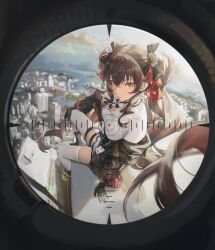  1girl breasts brown_hair building closed_mouth crossed_bangs crosshair douya_(233) fingerless_gloves girls&#039;_frontline girls&#039;_frontline_neural_cloud gloves hair_ribbon id_card jiangyu_(neural_cloud) large_breasts long_hair looking_at_viewer looking_through_scope off_shoulder orange_eyes red_ribbon ribbon sitting solo thighhighs twintails white_thighhighs 