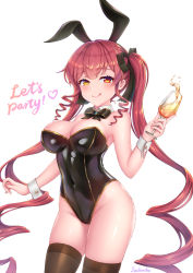  1girl :q animal_ears artist_name bare_shoulders black_bow blush bow breasts drink fake_animal_ears glass gold hair_ribbon heterochromia highres hololive houshou_marine jackmiho large_breasts leotard long_hair looking_at_viewer mixed-language_commentary playboy_bunny rabbit_ears red_eyes red_hair ribbon simple_background smile solo thighhighs thighs tongue tongue_out twintails virtual_youtuber white_background wrist_cuffs yellow_eyes  rating:Sensitive score:20 user:danbooru