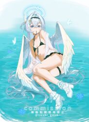  1girl ahoge angel_wings bare_shoulders bikini blush bug butterfly character_request commission copyright_request crossed_bangs double-parted_bangs feathered_wings flat_chest flower frilled_hairband frills front-tie_bikini_top front-tie_top grey_hair hair_between_eyes hair_intakes hair_ornament hair_spread_out hairband high_heels highres insect long_hair long_sleeves looking_at_viewer micro_bikini mouth_hold off_shoulder on_water one_side_up open_clothes open_shirt original see-through see-through_shirt skeb_commission solo star_(symbol) star_hair_ornament string_bikini string_in_mouth sushi_gnsn swimsuit thigh_strap twitter_username very_long_hair watermark white_footwear white_hairband white_wings wing_censor wing_hair_ornament wings 