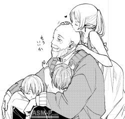  1boy 1girl 2others aged_up ambiguous_gender artist_name bald beard child commentary_request dangle_earrings dress drop_earrings earrings elf facial_hair family frieren greyscale hand_on_another&#039;s_head hand_on_another&#039;s_shoulder heart himmel_(sousou_no_frieren) hug jewelry kiss long_hair mikki_(asmp) mole mole_under_eye monochrome multiple_others mustache pointy_ears reaching sleeping sleeveless sleeveless_dress sousou_no_frieren sweater translation_request watermark 